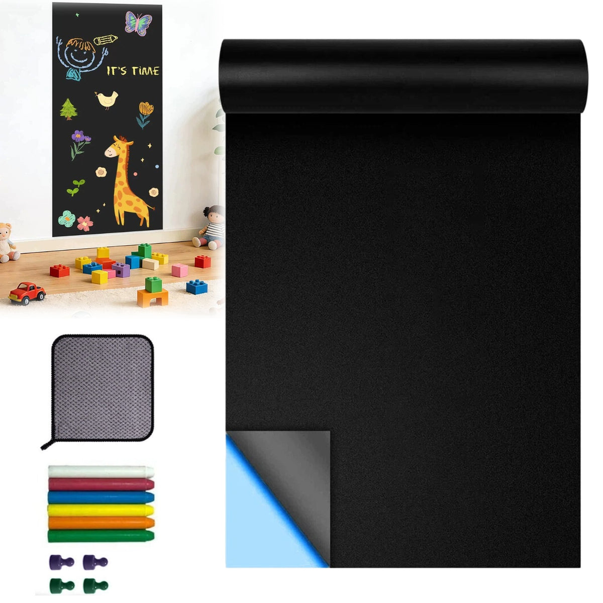 FLEXIBLE SELF-ADHESIVE CHALK BOARD FOR WALL + CHALK + MAGNETS SET