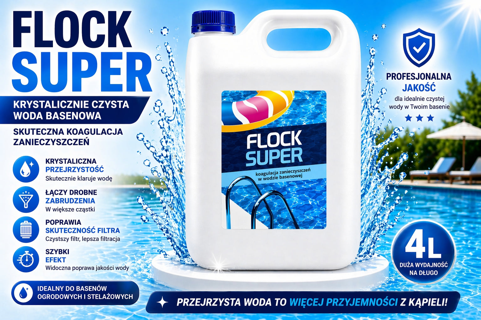 FLOCK SUPER 4L for Swimming Pool Clarifies Water Coagulant Crystalline Water Packaging status original