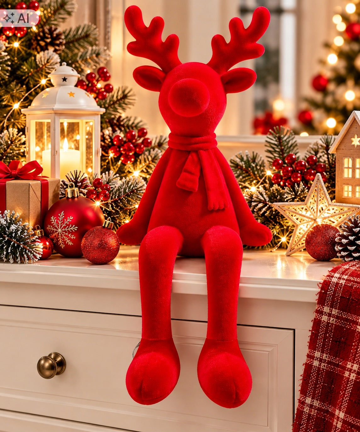 FLOCKED REINDEER SITTING RED 42 CM – CHRISTMAS DECORATION Brand no brand