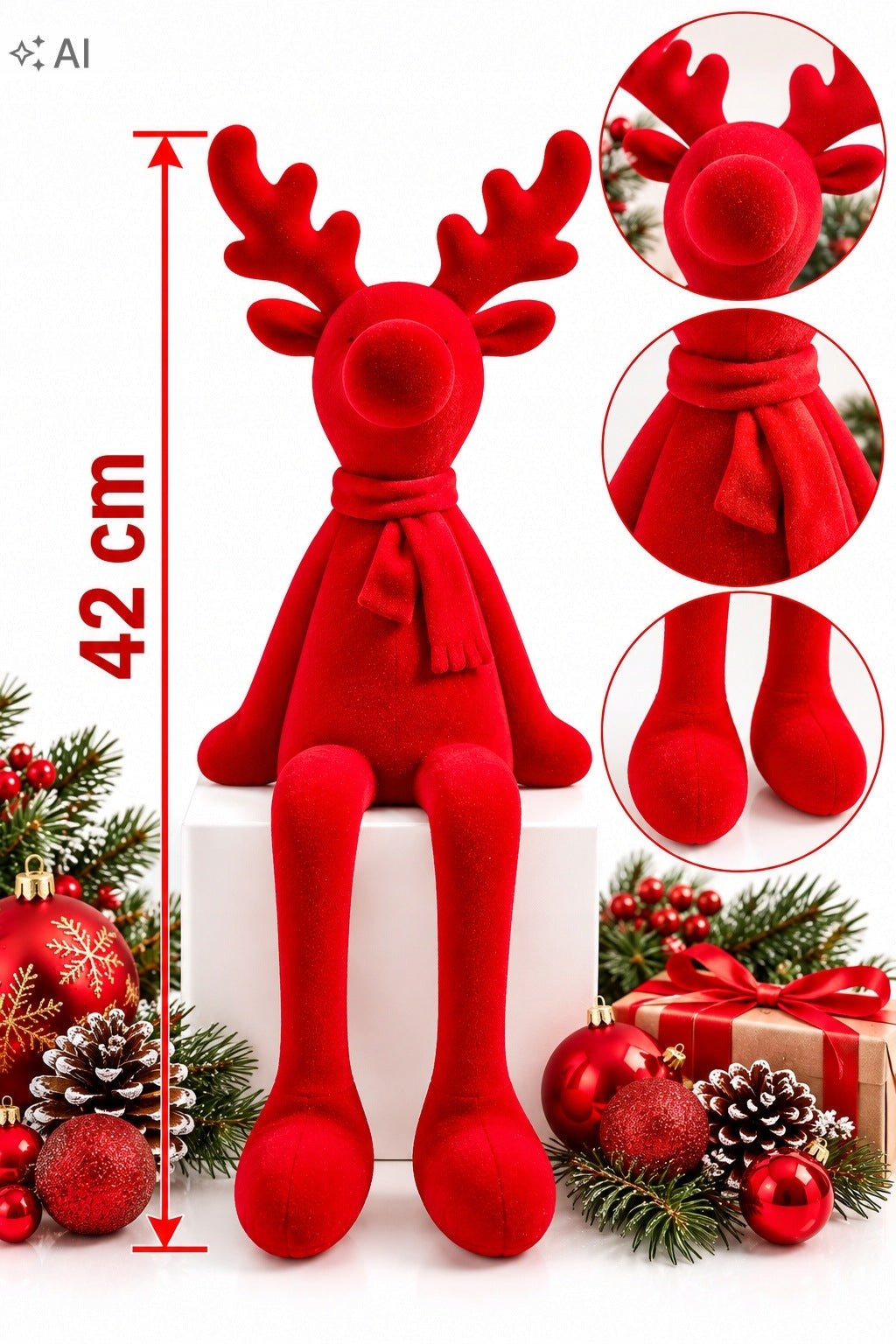 FLOCKED REINDEER SITTING RED 42 CM – CHRISTMAS DECORATION