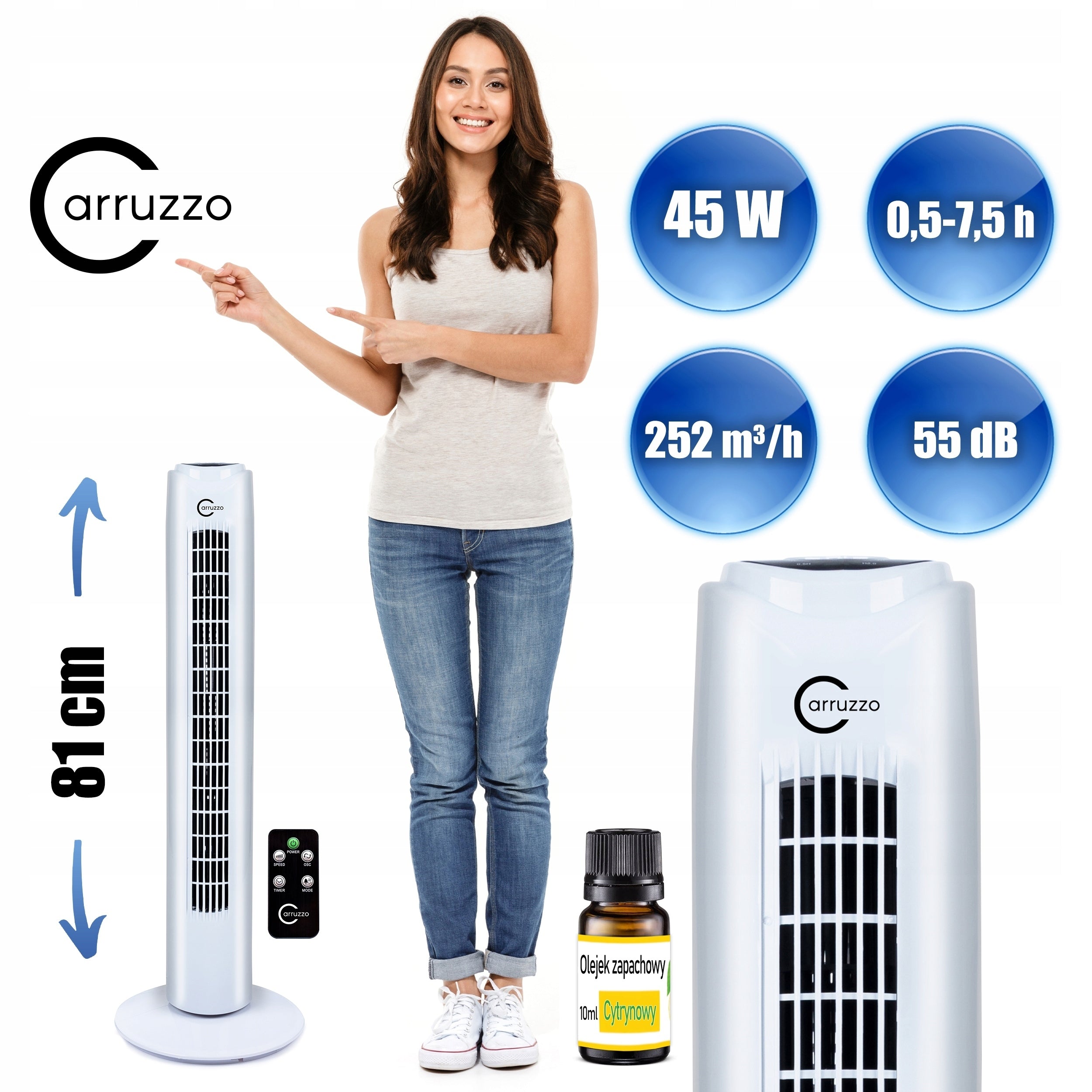 FLOOR COLUMN FAN STANDING FAN OSCILLATION TIMER OIL PILOT Dominant color white