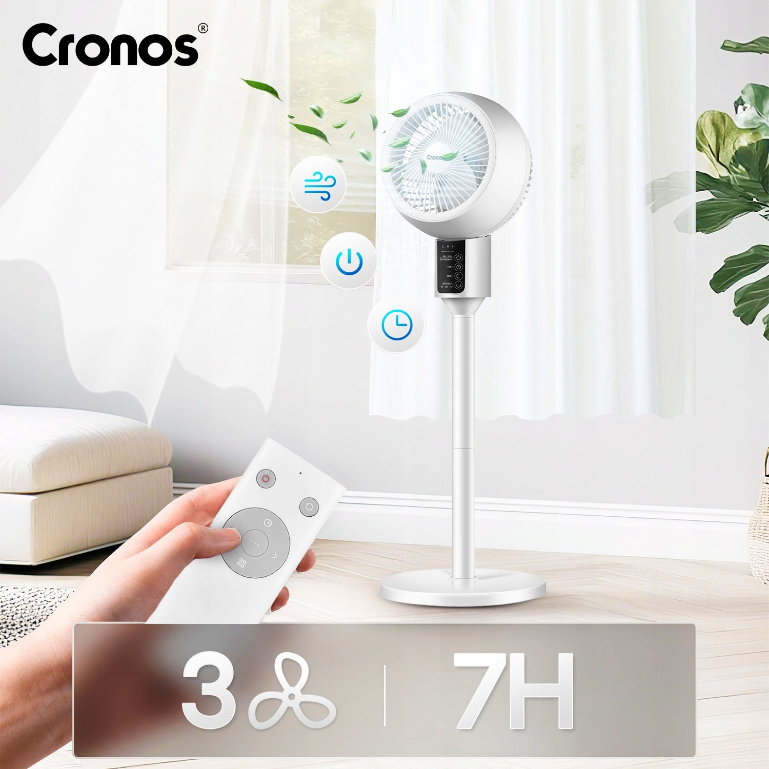 FLOOR STANDING FAN QUIET 3 MODES 45W 3D HEAD + REMOTE CONTROL Dominant color white