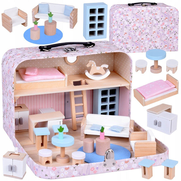 FLORAL Dollhouse Lockable Suitcase Wooden Furniture 5905258542829