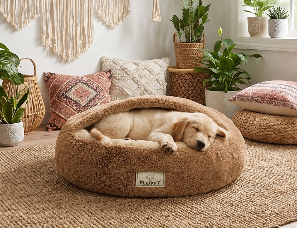 FLUFFY dog bed 50 cm brown cloud with visor Brand BuySpace