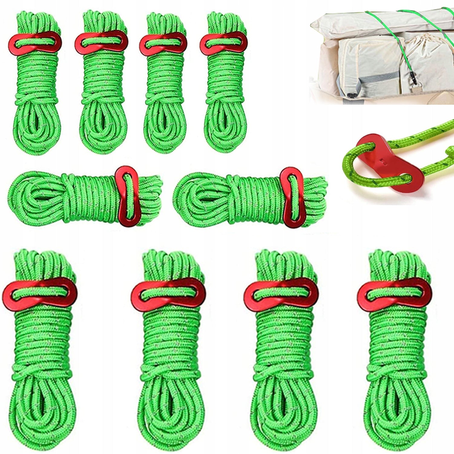 FLUORESCENT REFLECTIVE CORDS FOR TENT CAMPING 10 PCS 4M GLOW AT NIGHT
