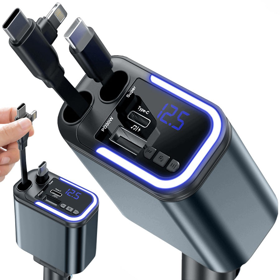 FM BLUETOOTH TRANSMITTER USB CHARGER PD 120W 3in1 RETRACTABLE CABLE 12V/24V