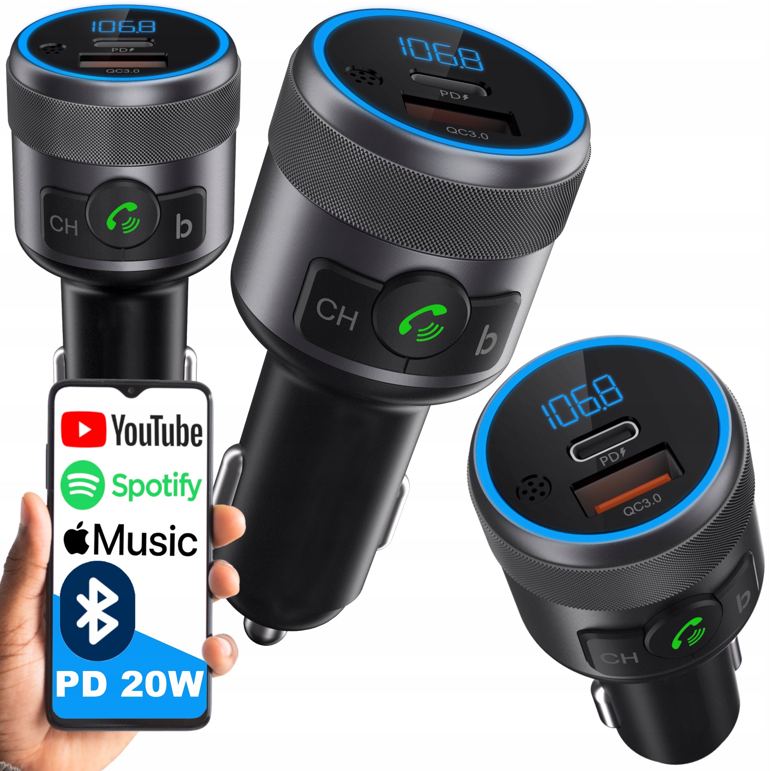 FM TRANSMITTER BLUETOOTH USB TYPE C QC 3.0 + PD BASS PD 20W