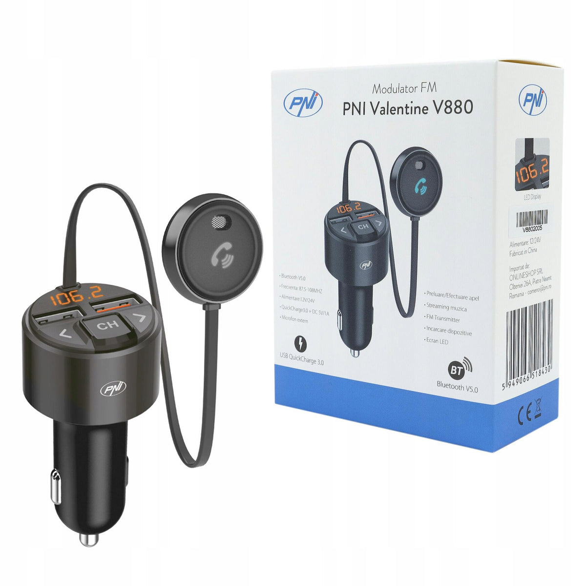 FM transmitter PNI Valentine V880 with microphone BT 5.0 MP3 FM 2x USB QC3.0