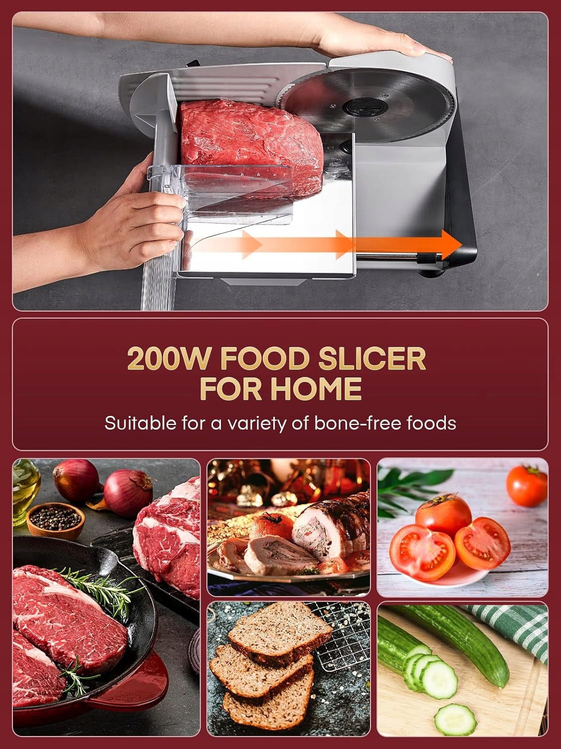 FOHERE electric slicer 200W 19cm thickness adjustment meat bread steel Dominant color silver/gray