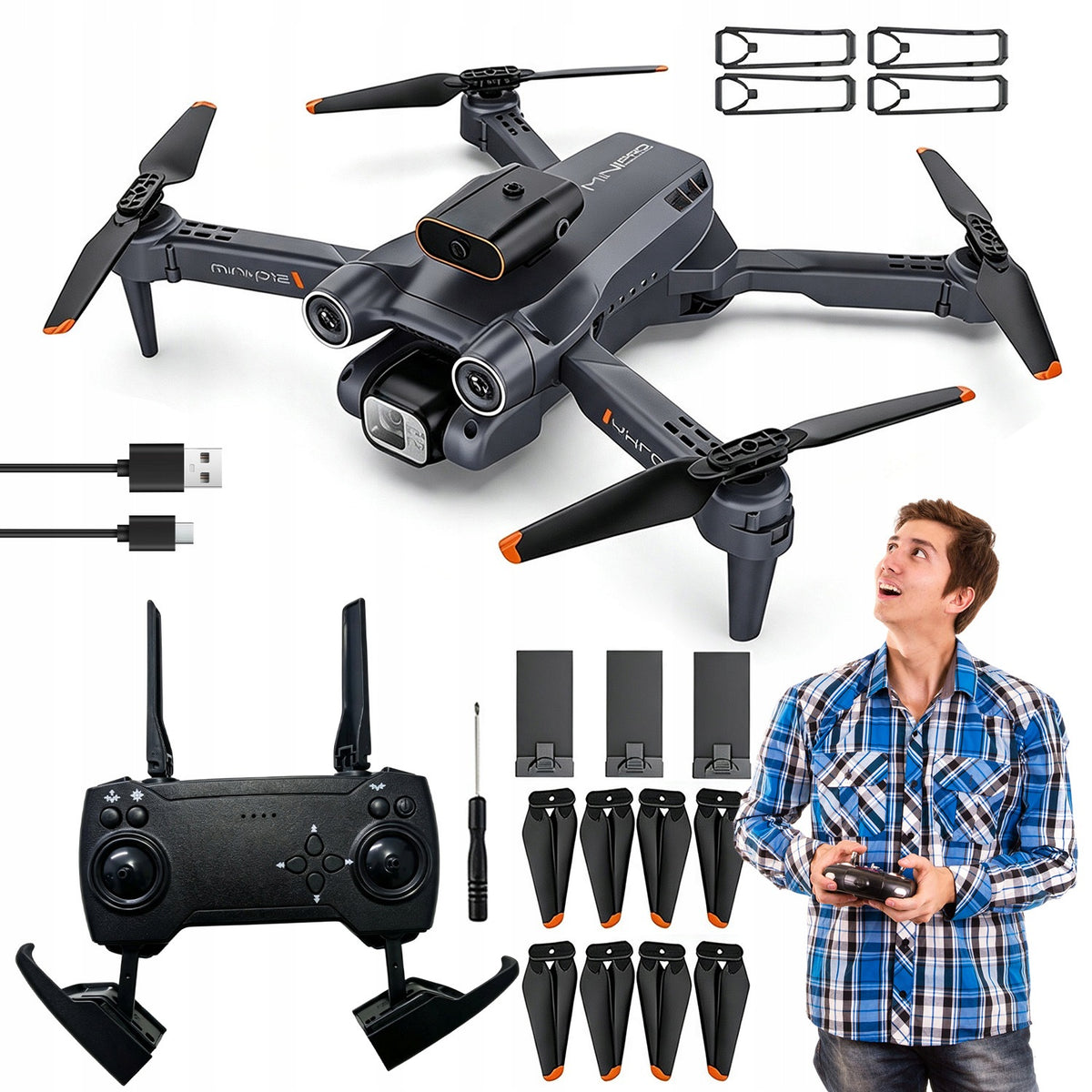 FOLDING DRONE WITH CAMERA 720P FPV 360° AVOIDING OBSTACLES RANGE 150M BATTERIES