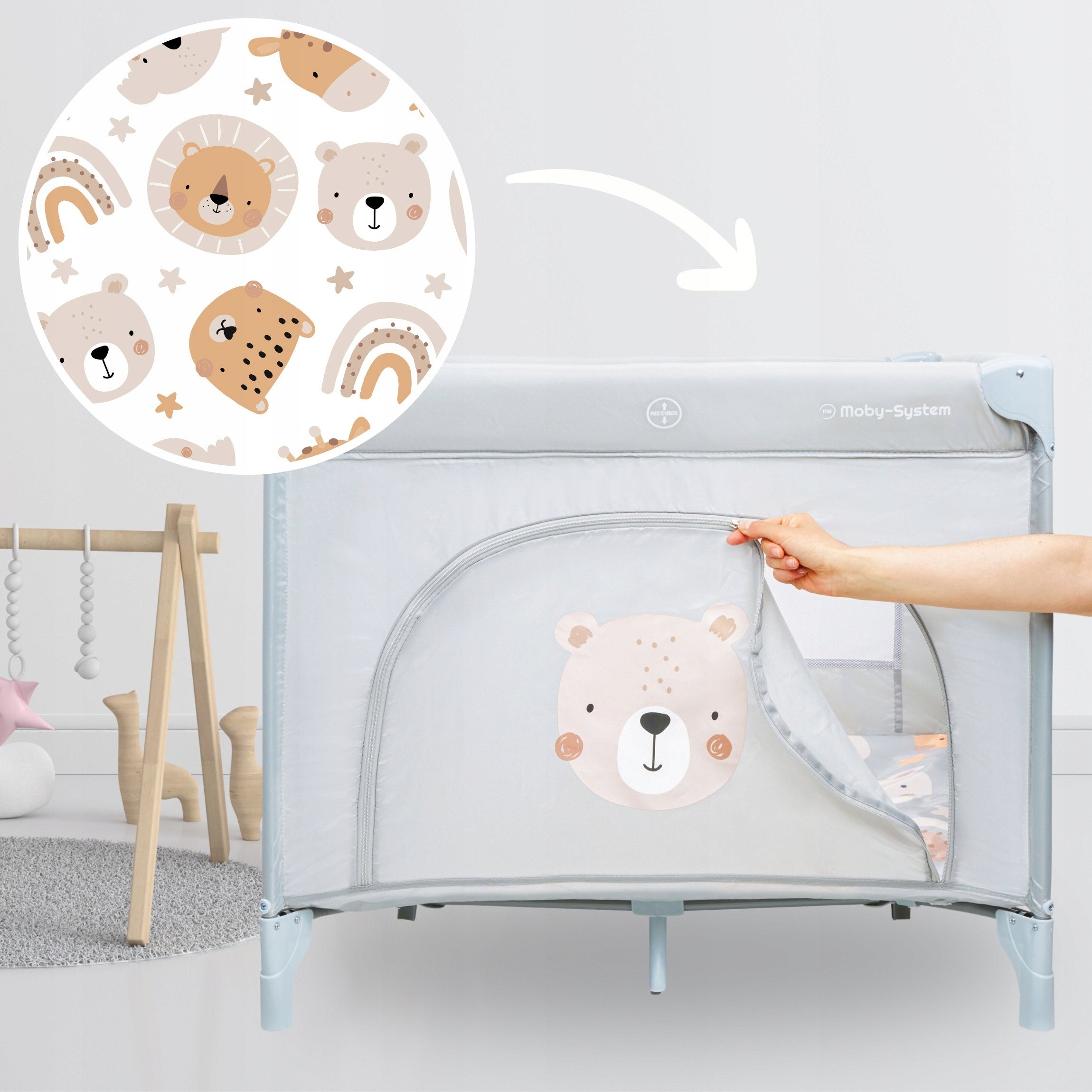FOLDING PLAYPEN TRAVEL COT - Moby-System Teddy Bear 100x97x77cm Brand Moby System
