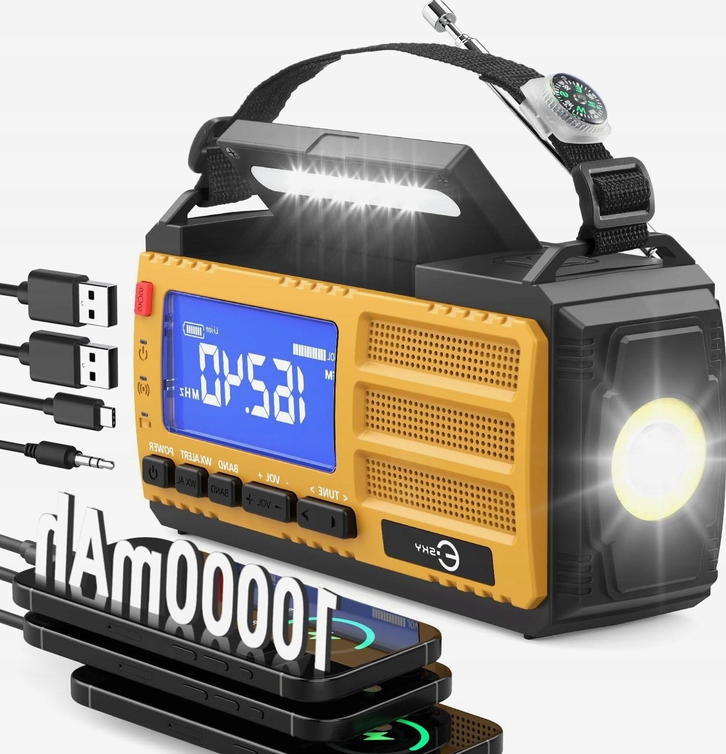 FOLDING RADIO 10000MAH EMERGENCY PORTABLE FLASHLIGHT ALARM COMPASS CRANK