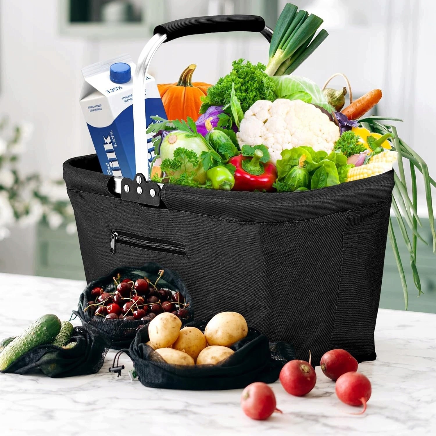 FOLDING SHOPPING BASKET 30L BLACK OXFORD WATERPROOF BAG Packaging status original