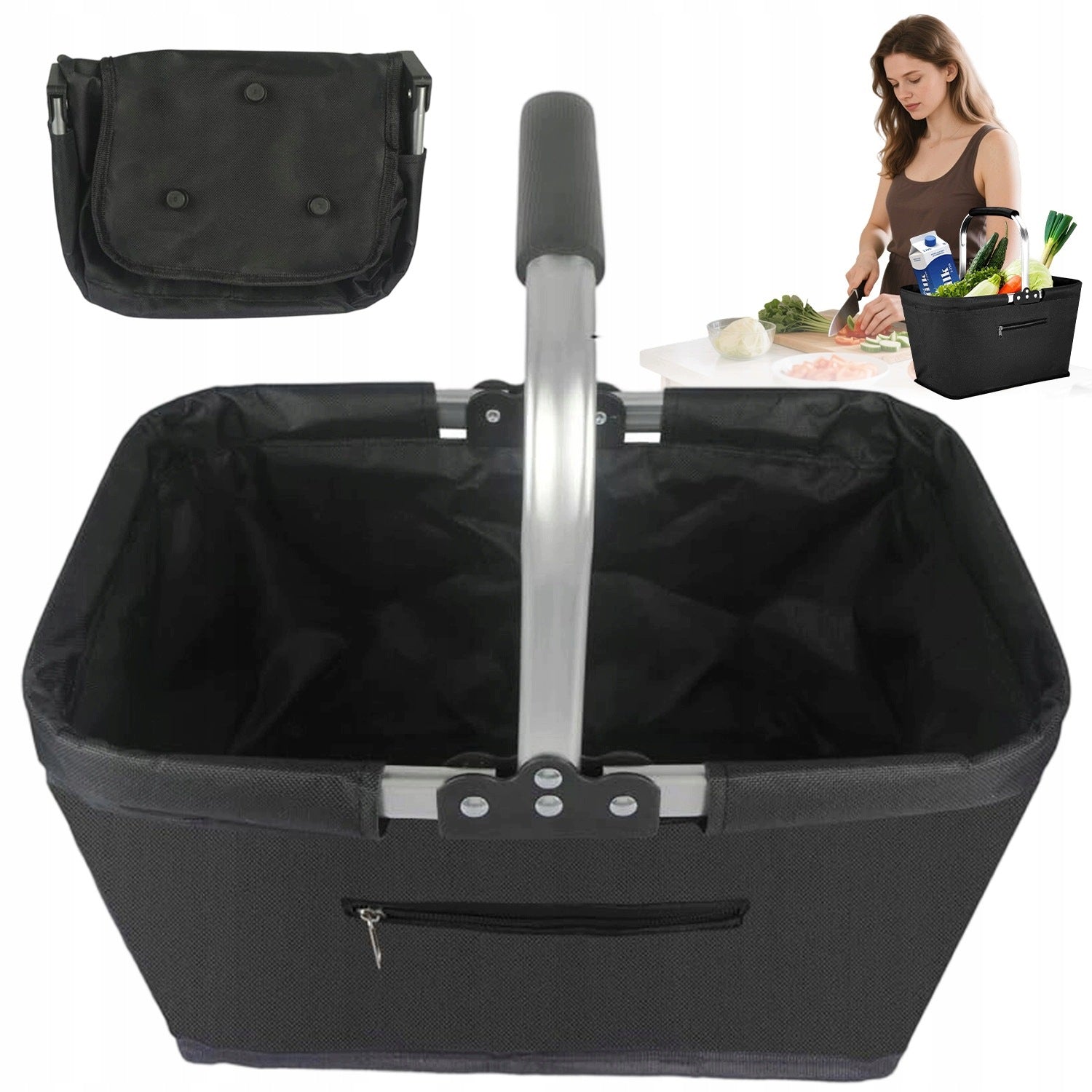 FOLDING SHOPPING BASKET 30L BLACK OXFORD WATERPROOF BAG