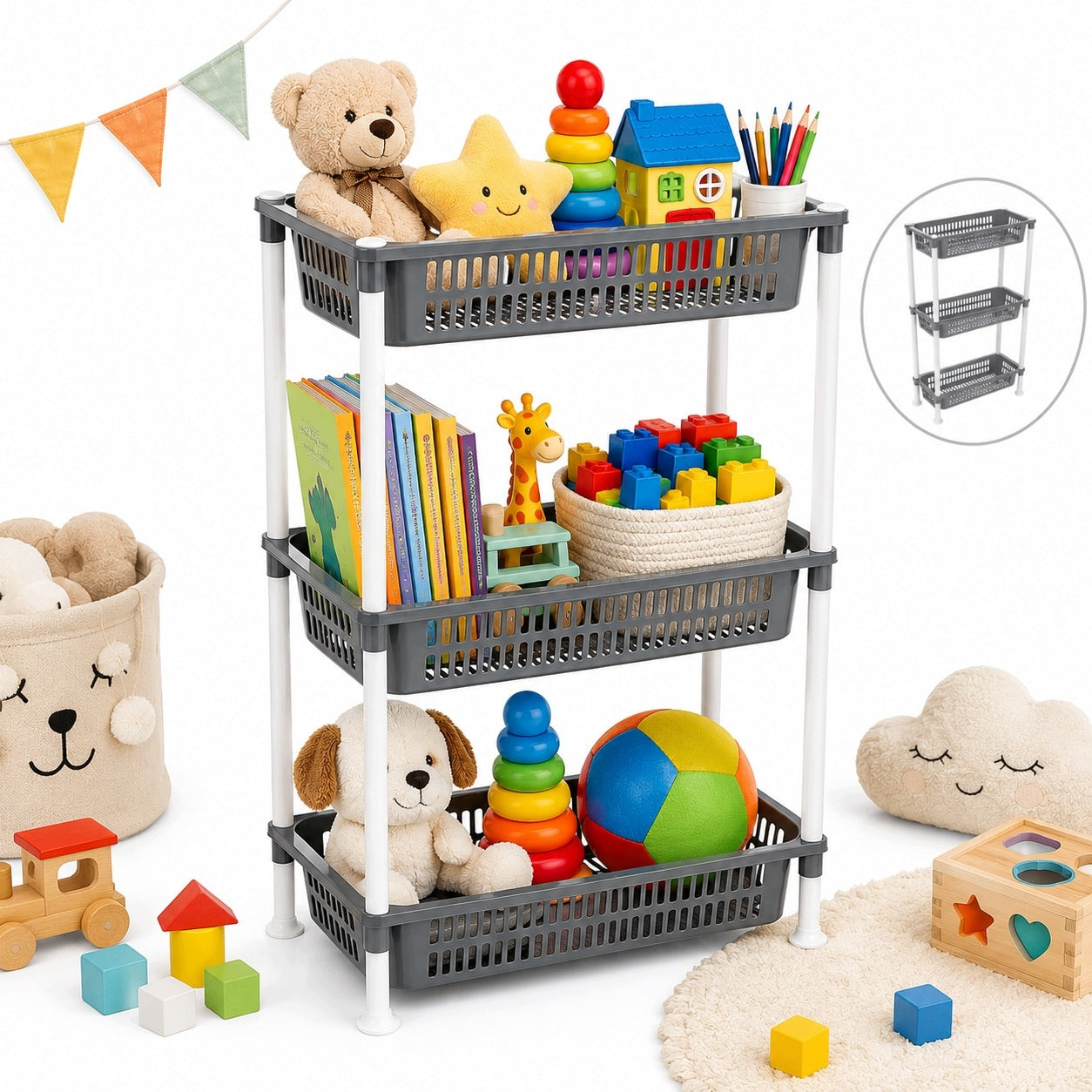 FOLLOW Plastic Bookcase, Rectangular, 3 Tier with Baskets GREY Brand no brand