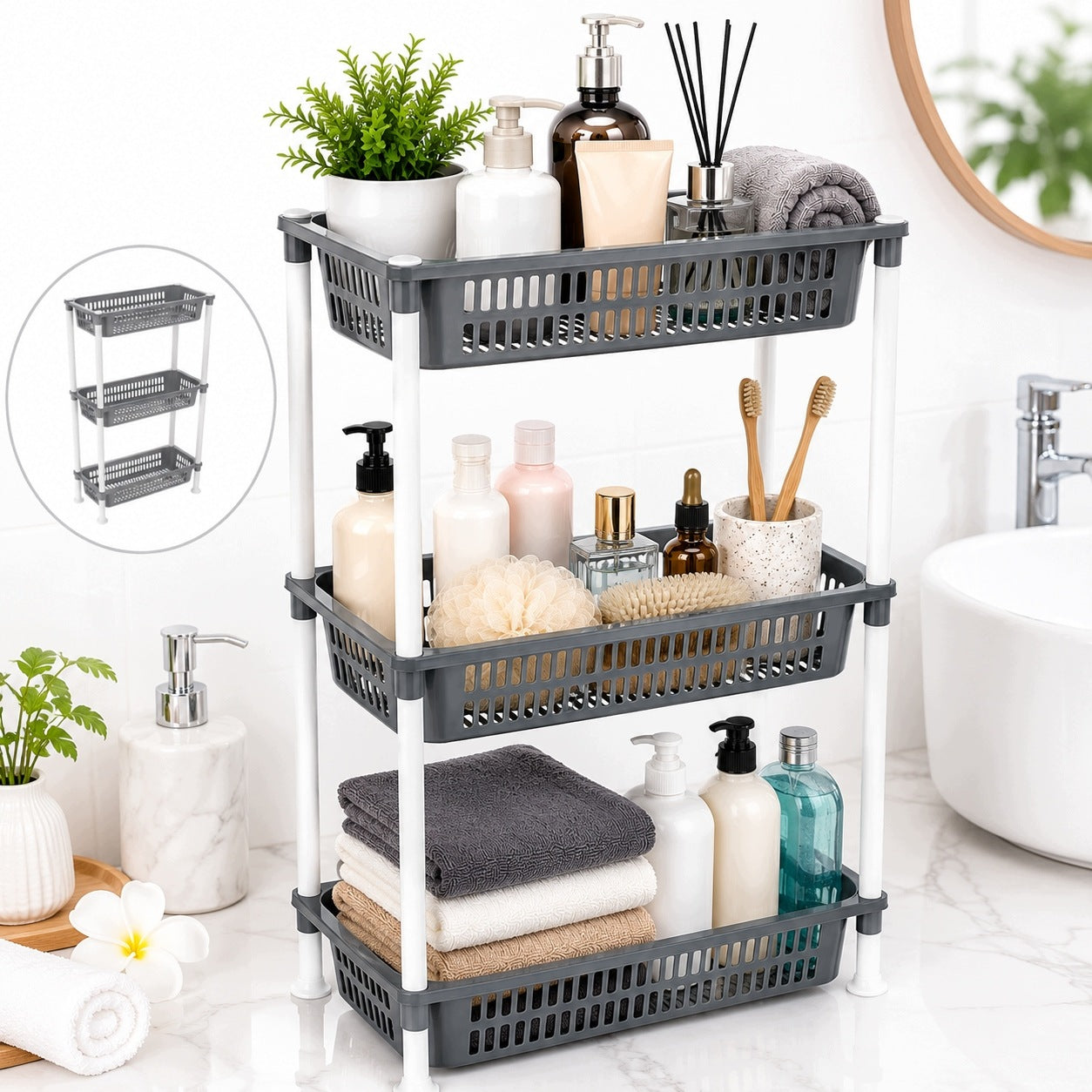 FOLLOW Plastic Bookcase, Rectangular, 3 Tier with Baskets GREY Manufacturer code 8694917009366