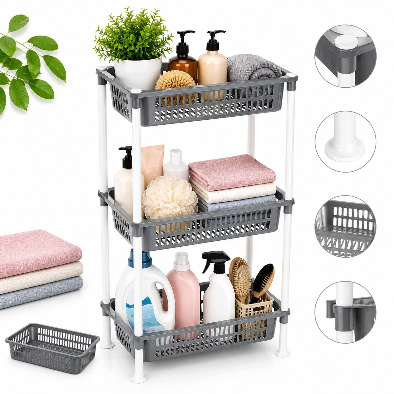 FOLLOW Plastic Bookcase, Rectangular, 3 Tier with Baskets GREY