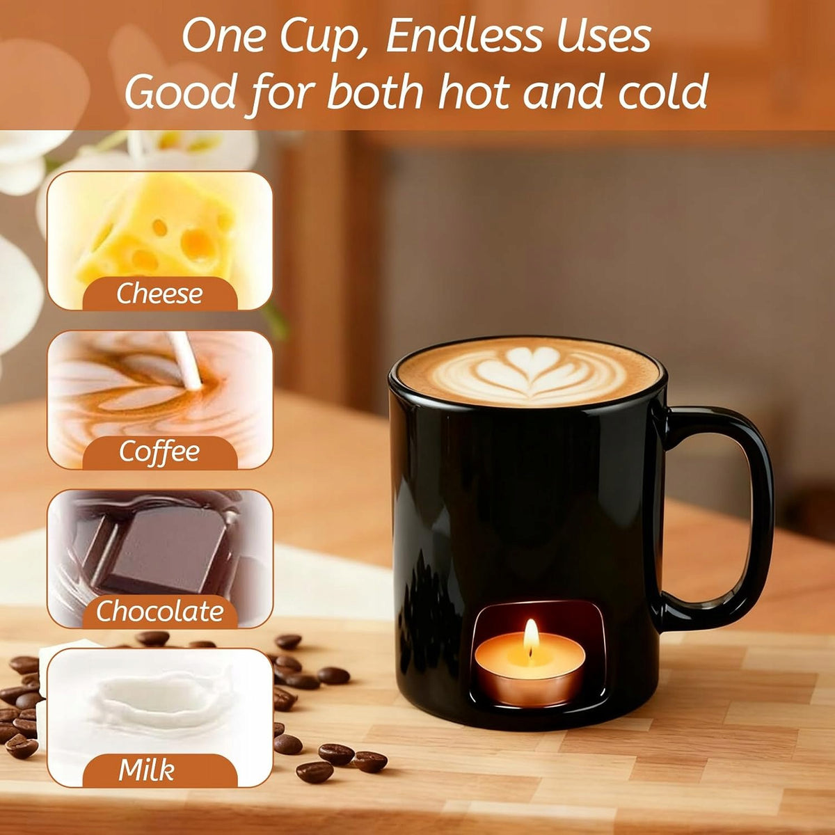 FONDUE CERAMIC CHOCOLATE POT SET MUG HEATER BACKGROUNDS Color other