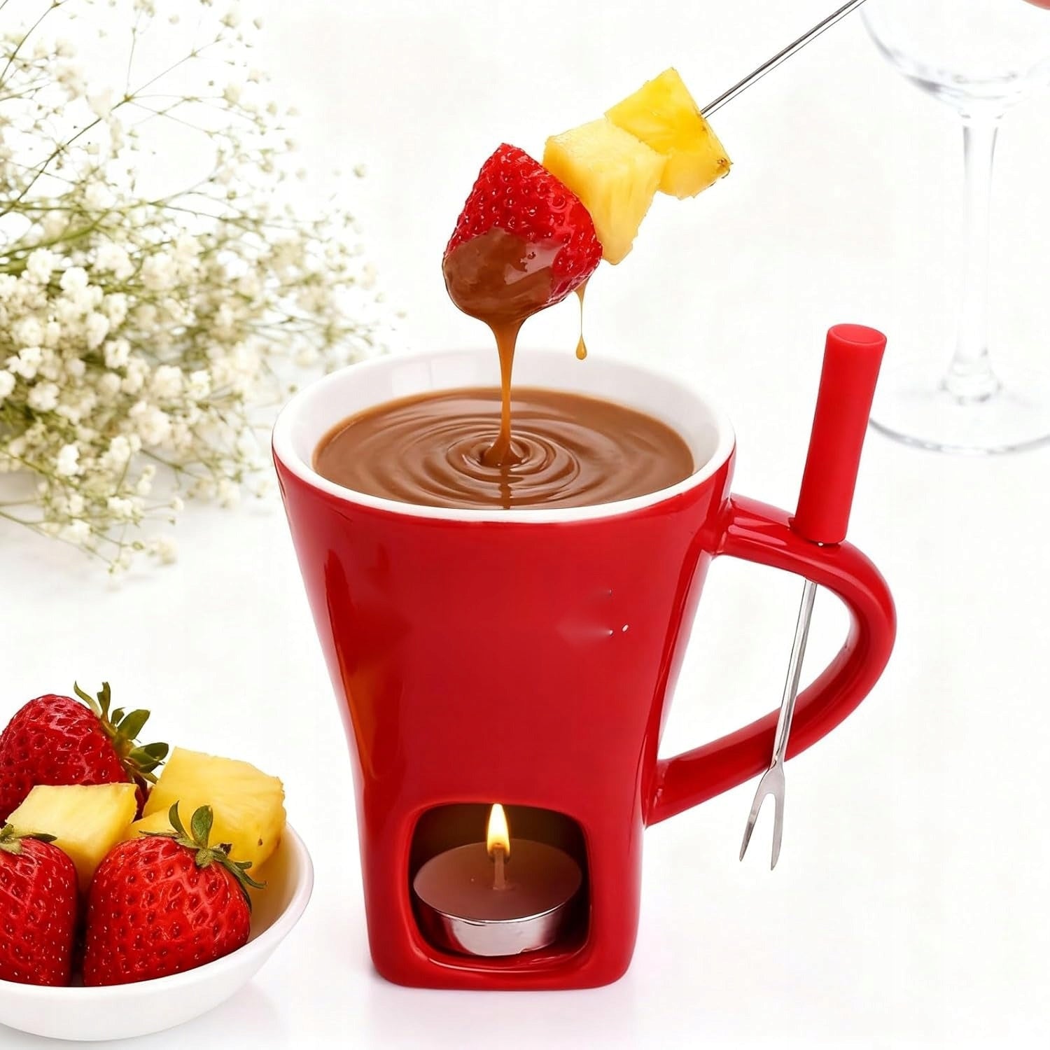 FONDUE CERAMIC SET RED 130ML FONDUE FORK HEATER Color other
