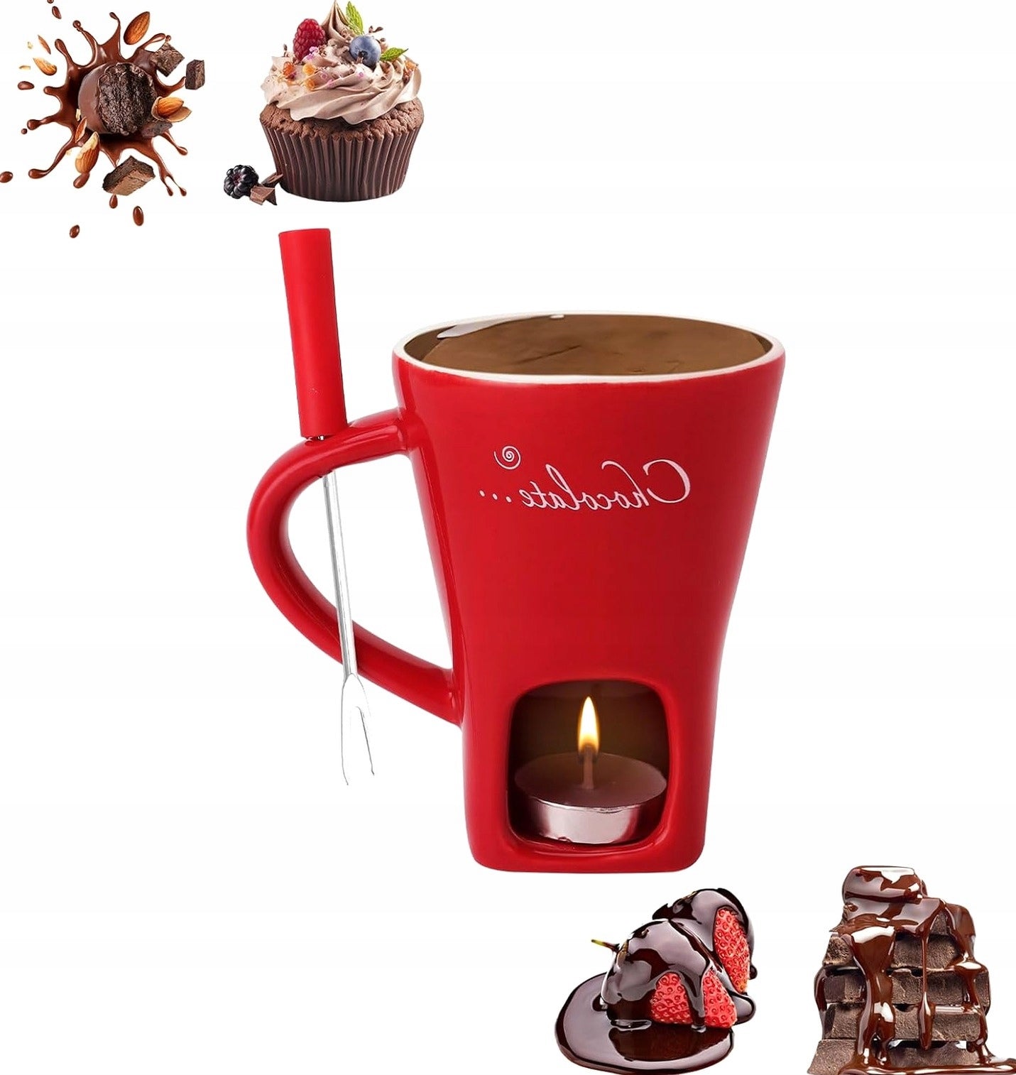 FONDUE CERAMIC SET RED 130ML FONDUE FORK HEATER