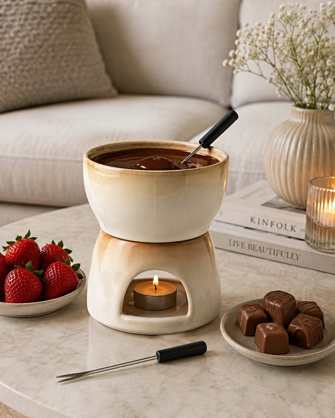 FONDUE CHOCOLATE DISH + FORKS 4el Ceramic Set Packaging status original