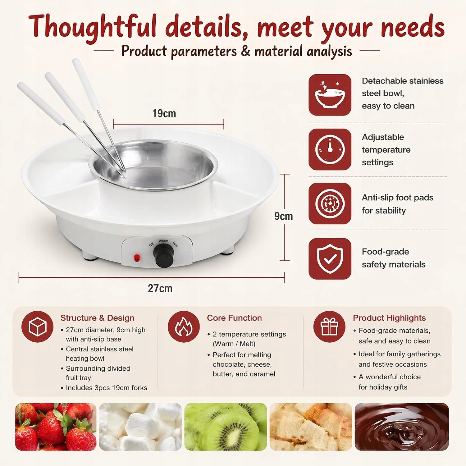 FONDUE CHOCOLATE ELECTRIC 2 TEMPERATURE LEVELS 4 FORKS Dominant color white