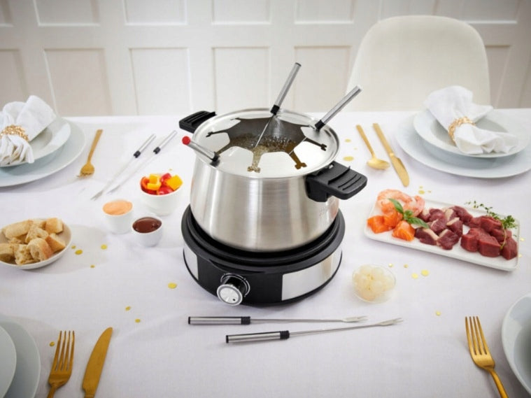 FONDUE FOUNDE SET 8 PEOPLE ELECTRIC STEEL POT 1500W FORKS Packaging status original