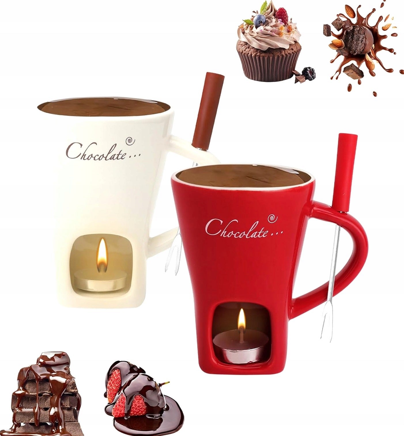 FONDUE MUG 2 PIECES CERAMIC 130ML FONDUE SET FORKS HEATER