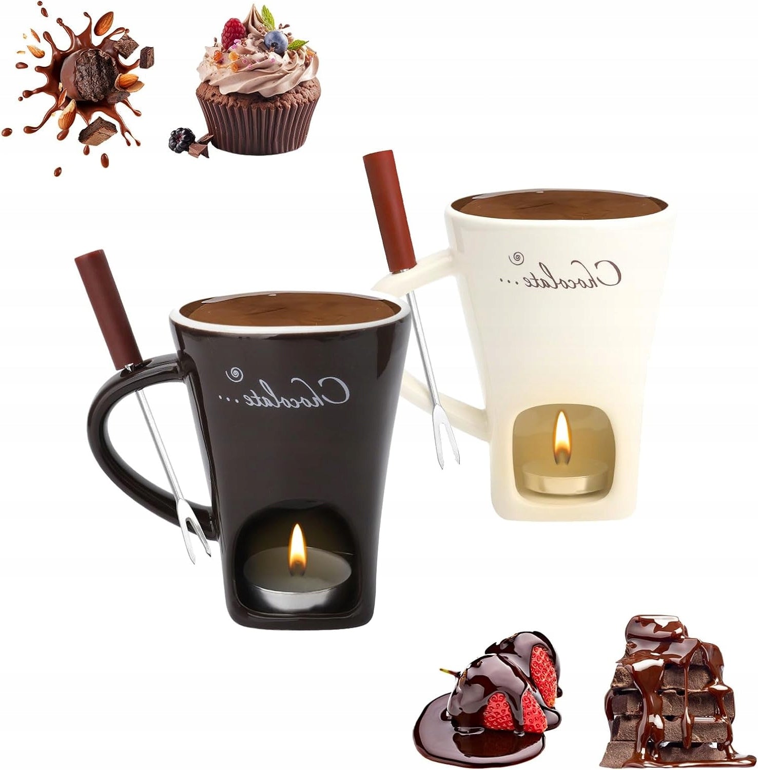 FONDUE SET CHOCOLATE CERAMIC MUGS 130 ML 2 PCS WITH FORKS