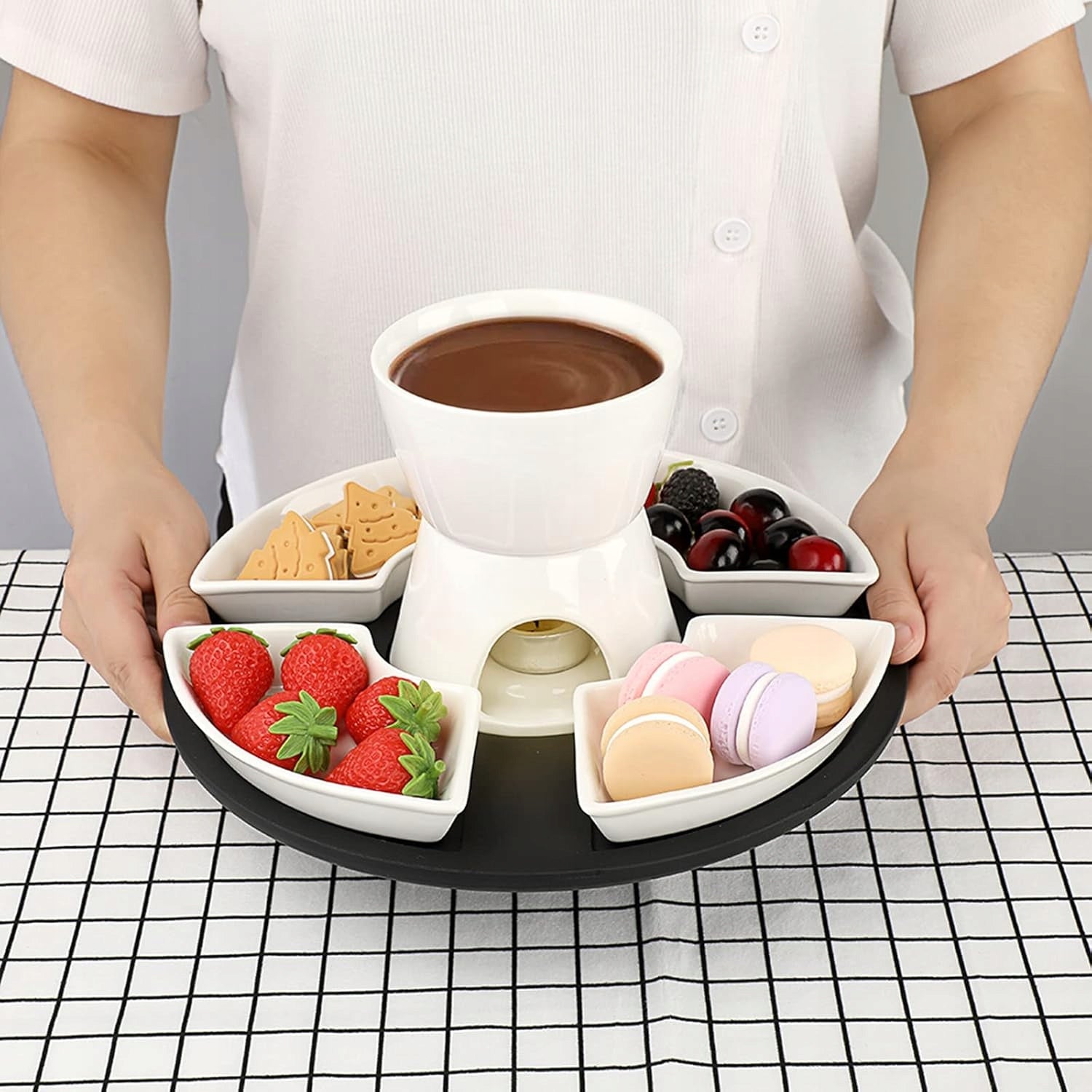 FONDUE SET IDEAL FOR CHEESE OR CHOCOLATE WITH FORKS AND CUPS Packaging status original