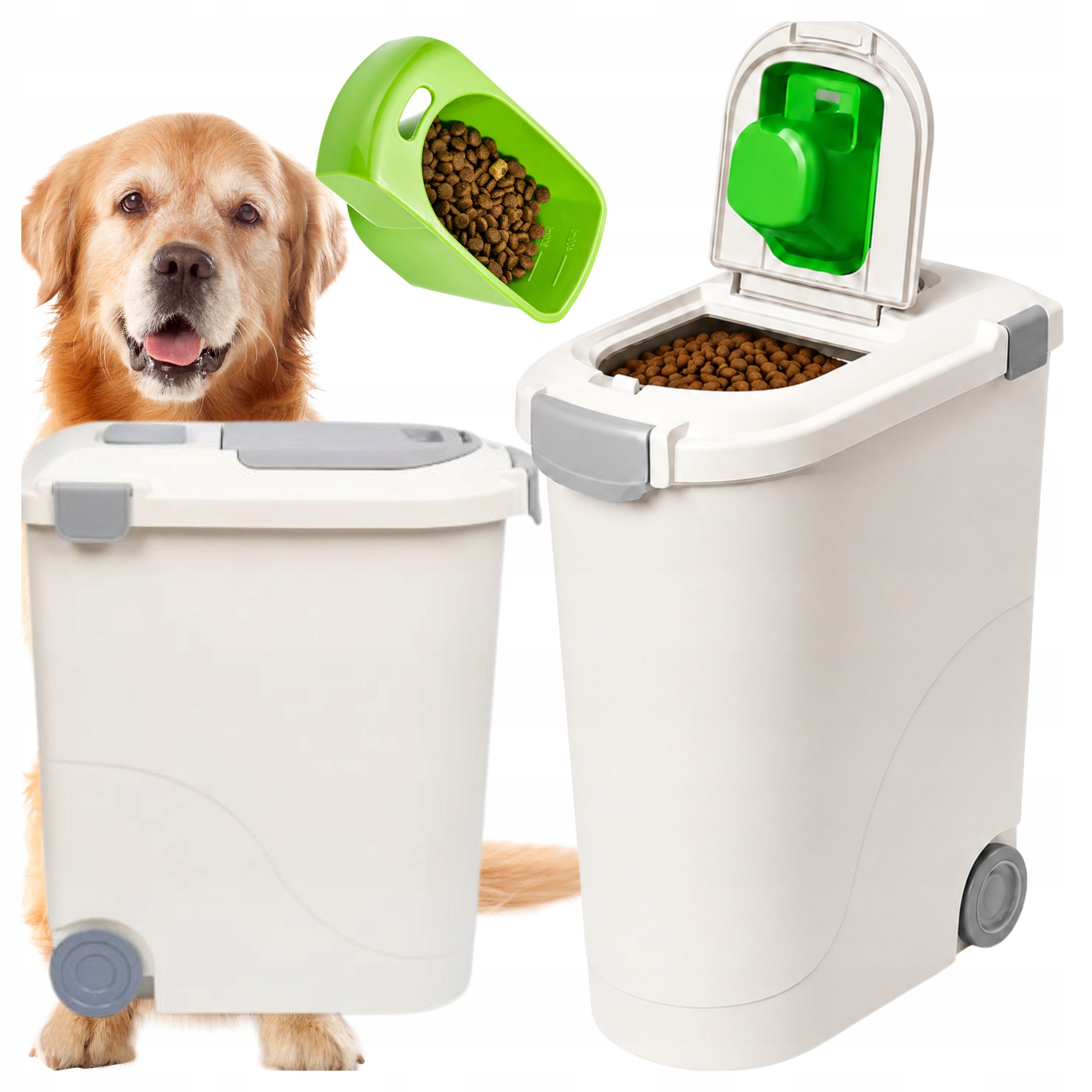 FOOD CONTAINER 32 L Plastic on wheels with measuring cup with tilting flap