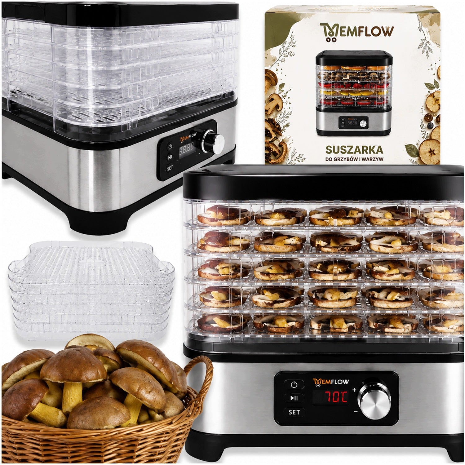 FOOD DRYER FOR FRUIT MUSHROOM 500W 6 SIT TEMPERATURE CONTROL TIMER Manufacturer code SUSZARKA DO GRZYBÓW 500W 6 SIT MEMFLOW