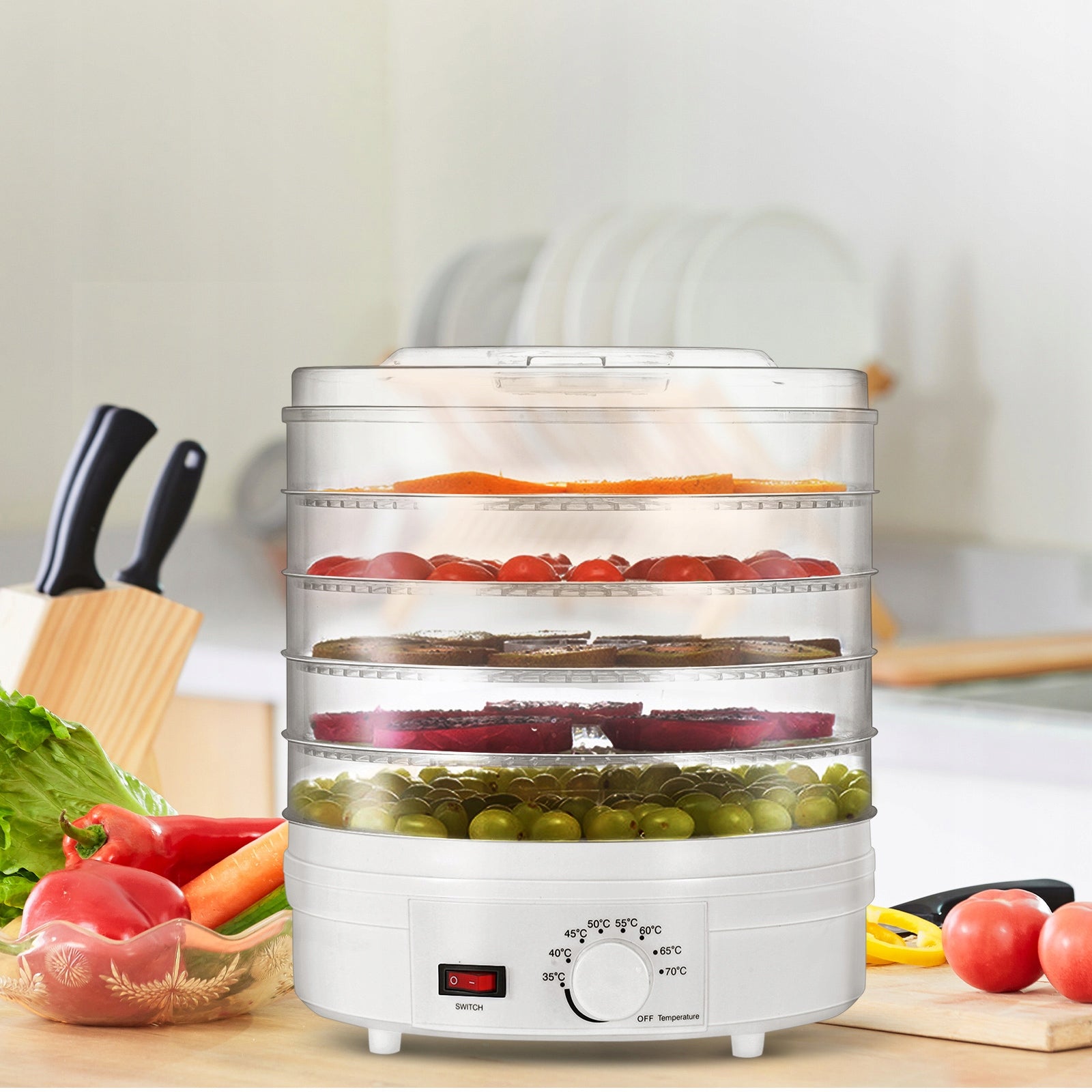 FOOD DRYER FOR FRUIT VEGETABLE MUSHROOM ADJUSTABLE LARGE 345W + 7 Dominant color white