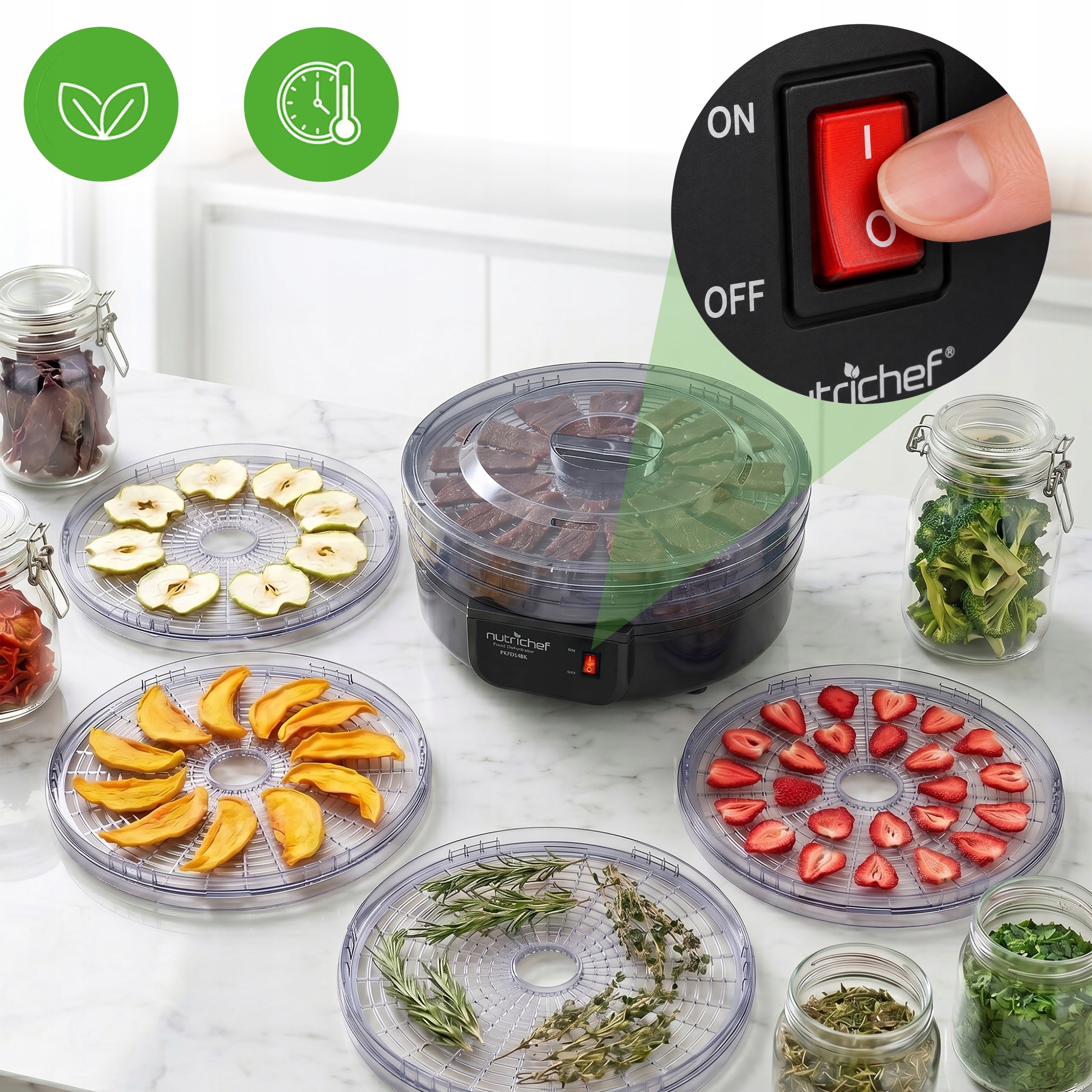 FOOD DRYER FOR VEGETABLE FRUIT MUSHROOMS UP TO 5 TRAYS FREE OF BPA NUTRICHEF Packaging status original