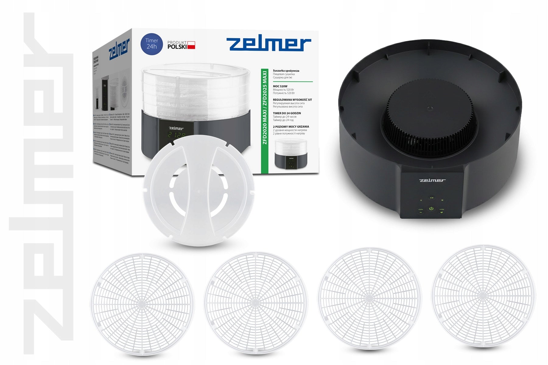 FOOD DRYER ZELMER FOR FRUIT VEGETABLES HERBS LARGE 4 SIEVES 30CM 11L 520W Manufacturer code ZFD2025