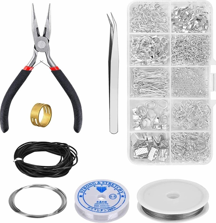 FOR JEWELRY MAKING SET 10 TYPES BEADS TOOLS PLIERS TWEEZERS