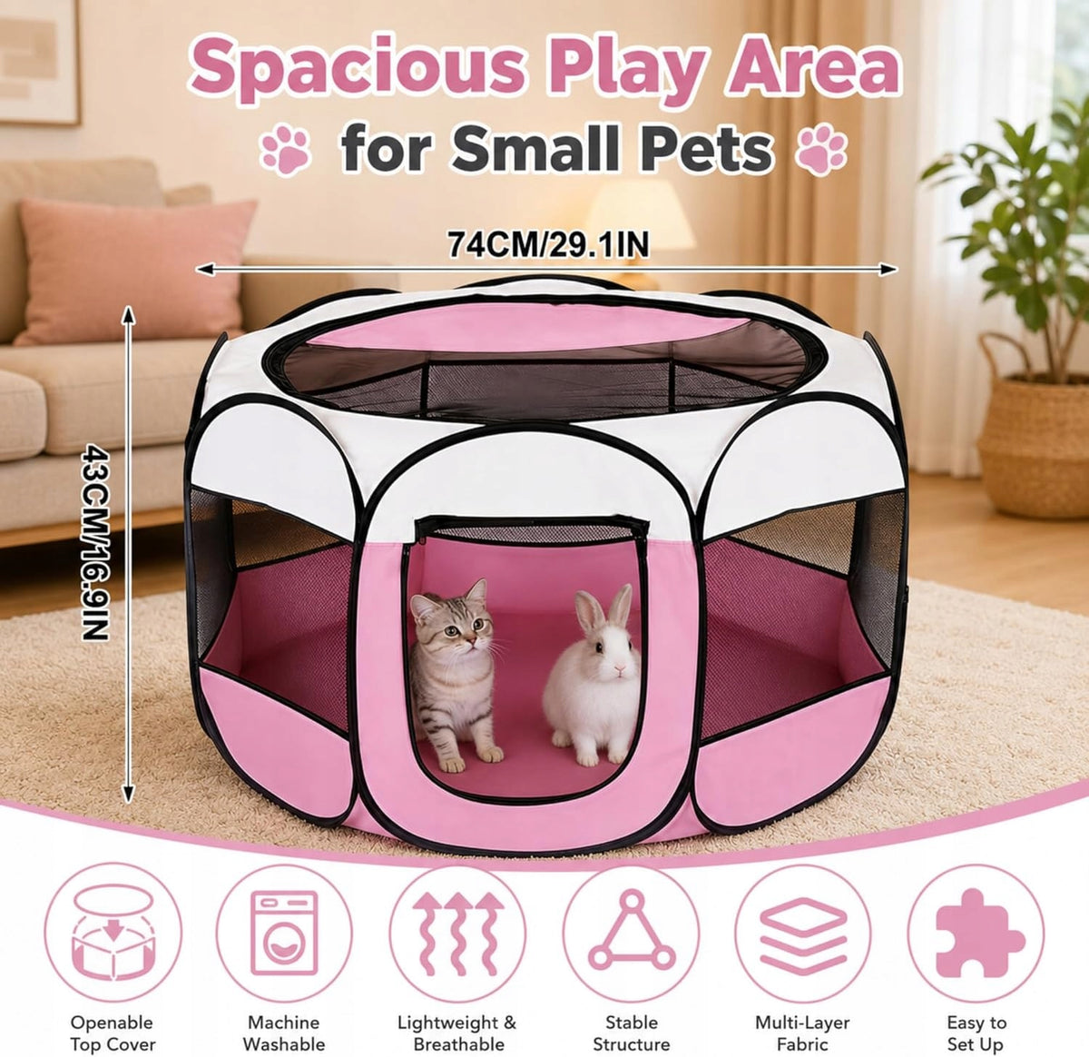 FOR PUPPIES PLAYPEN FOLDING PINK 74X74X43CM HOUSE OUTSIDE Brand no brand