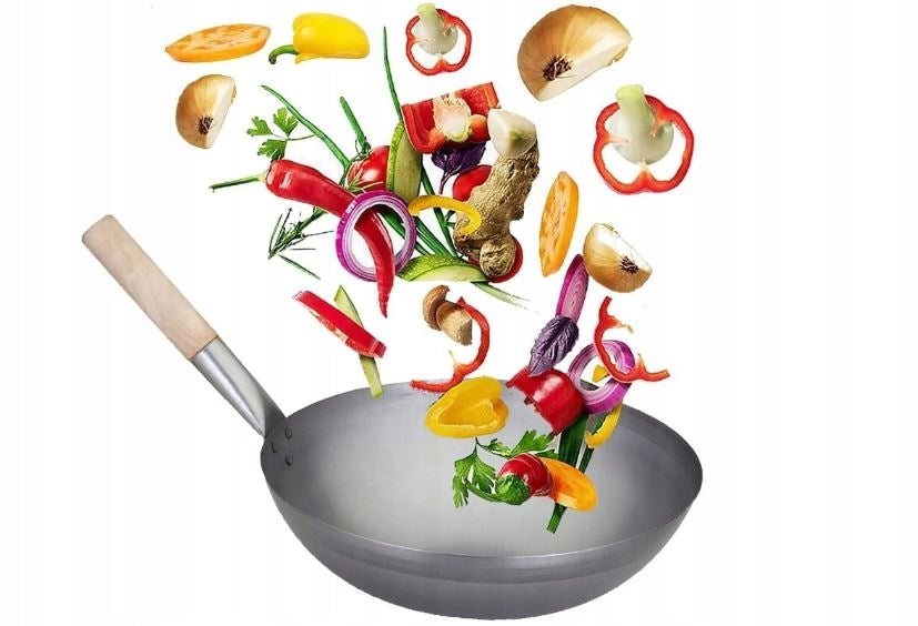 FORGED FRYING PAN STEEL WOK CHINESE WOODEN HANDLE 12" XL 30 cm ROUND BOTTOM Manufacturer code XJ3565
