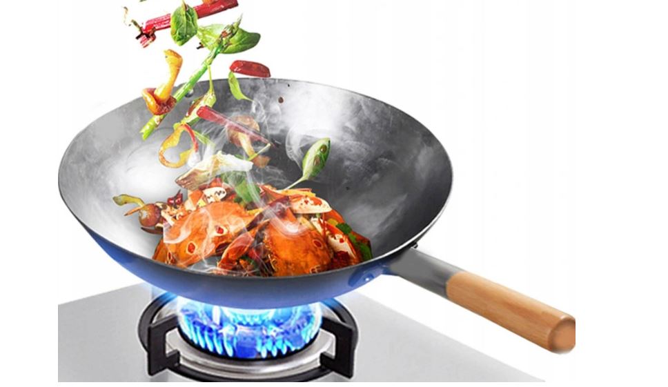 FORGED FRYING PAN STEEL WOK CHINESE WOODEN HANDLE 12" XL 30 cm ROUND BOTTOM Packaging status original
