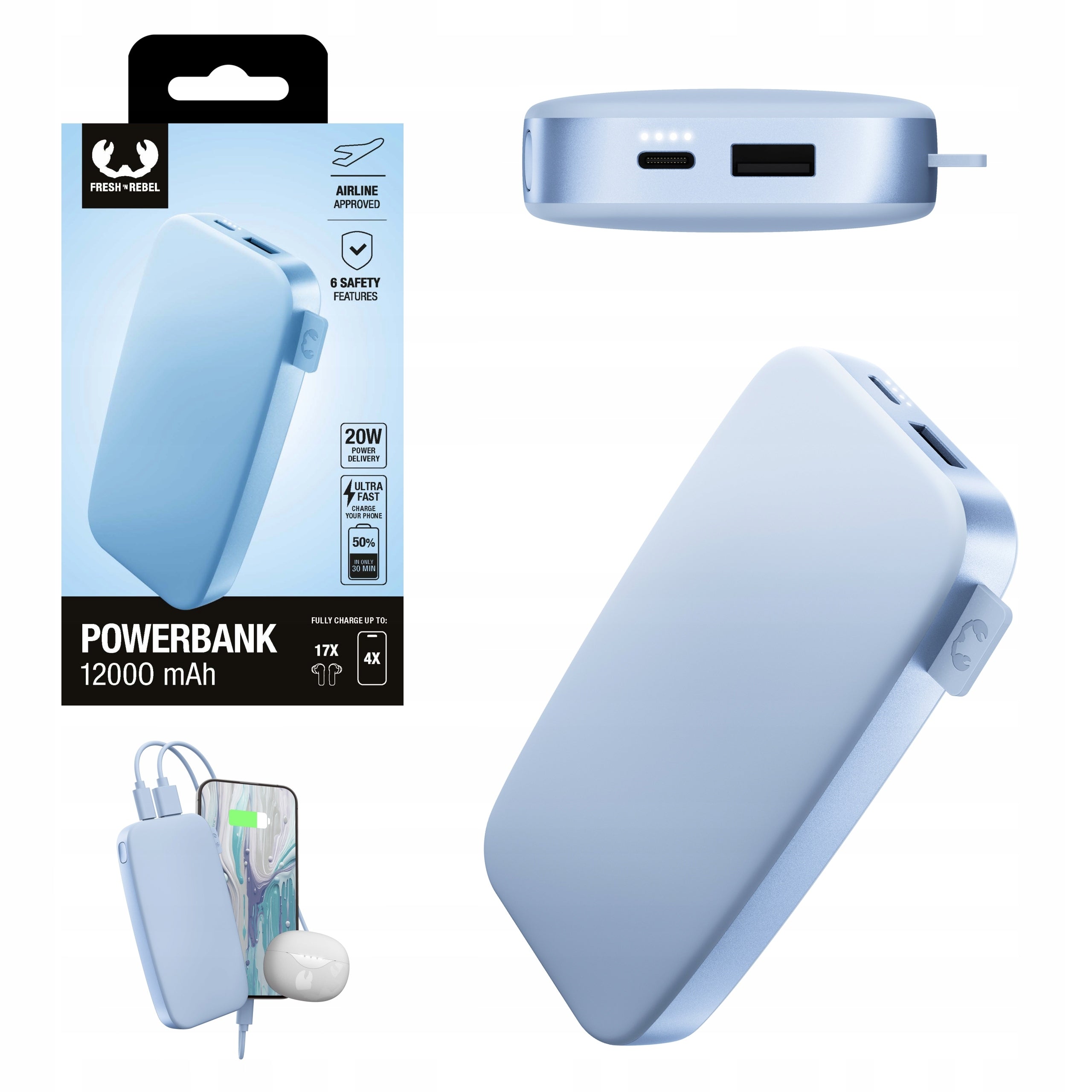 FRESH 'N REBEL Powerbank 12000 mAh USB-C PD Power Delivery powerful 20W LED