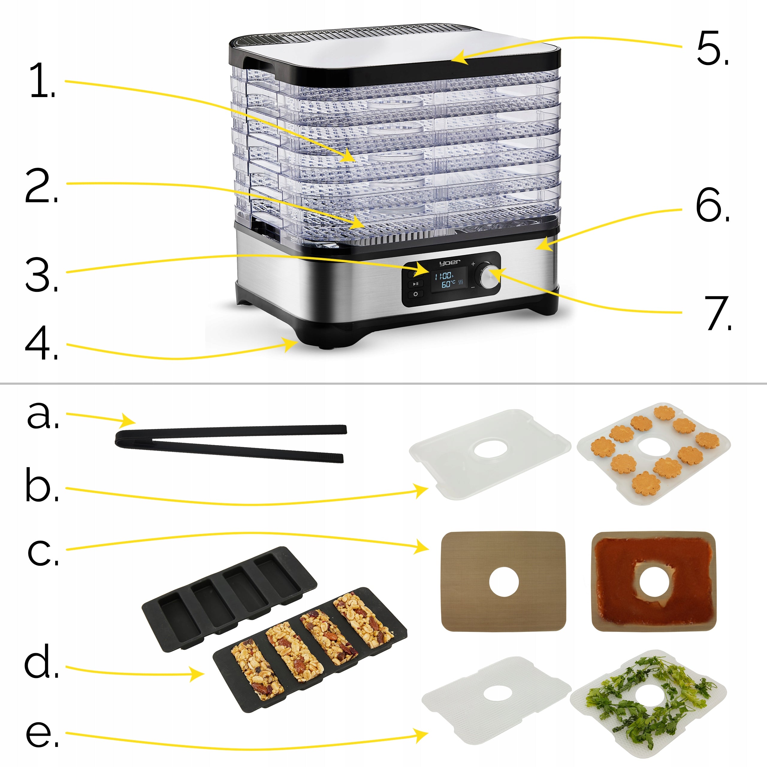 FRUIT MUSHROOM DRYER 10in1 LARGE Yoer 450W INOX Timer +6 SIT+9 ADDITIVES Manufacturer code SUSZARKA DO GRZYBÓW OWOCÓW 10w1 DUŻA