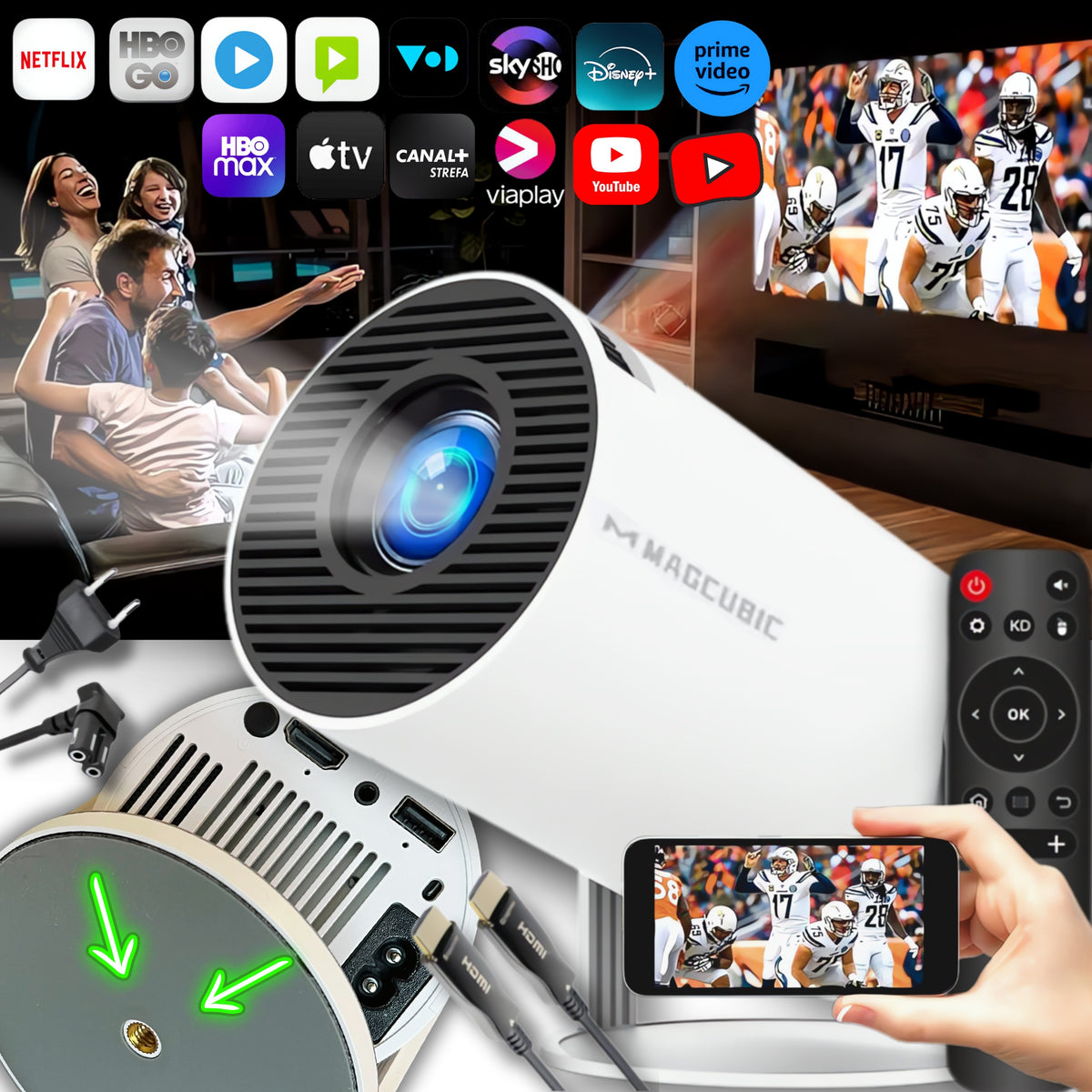 FULL HD LED PROJECTOR ANDROID PORTABLE WIFI6 BLUETOOTH + HDMI 2M FREEBIE