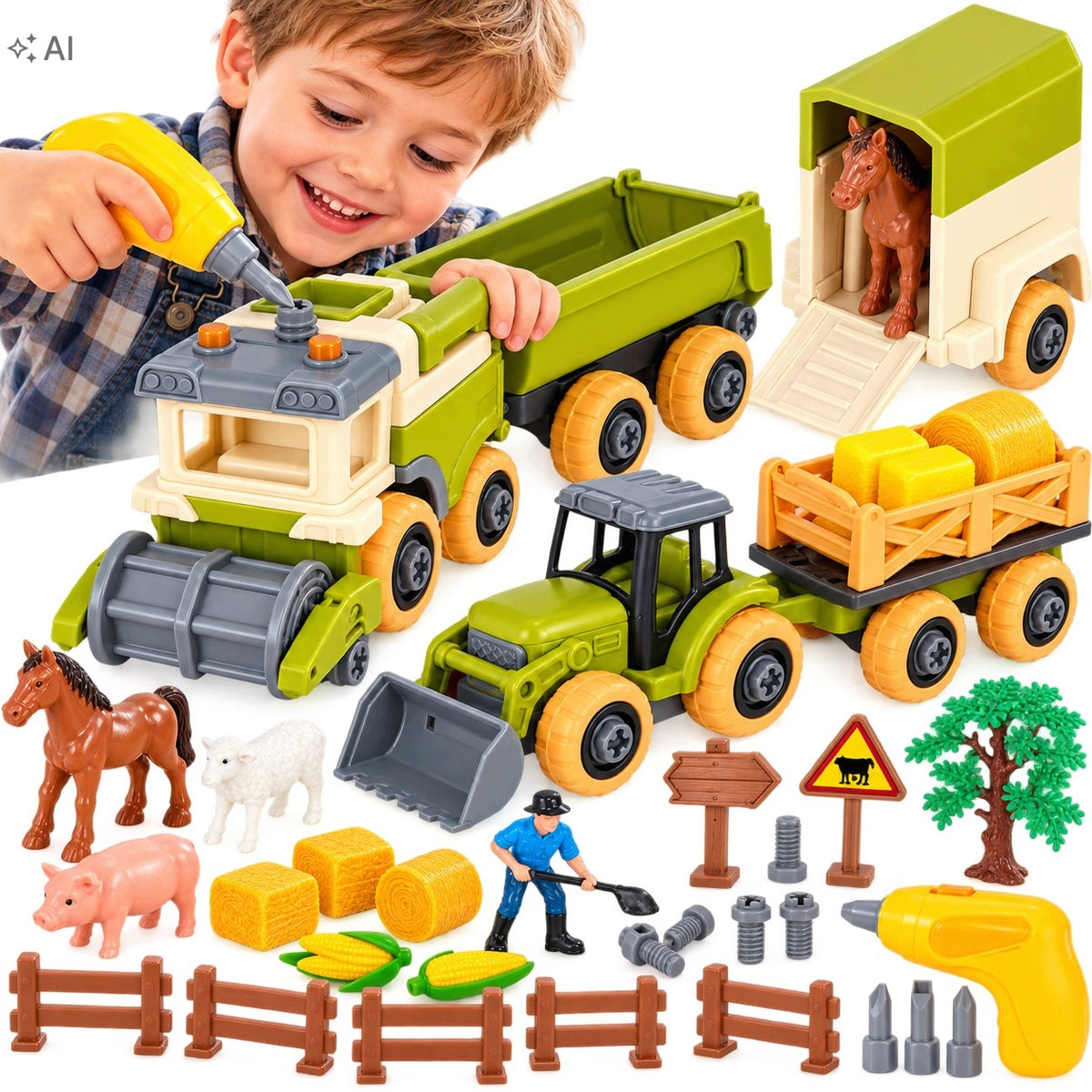 Farm Tractor Agricultural Set Machine Animals Screwdriver Toy Kids 3+