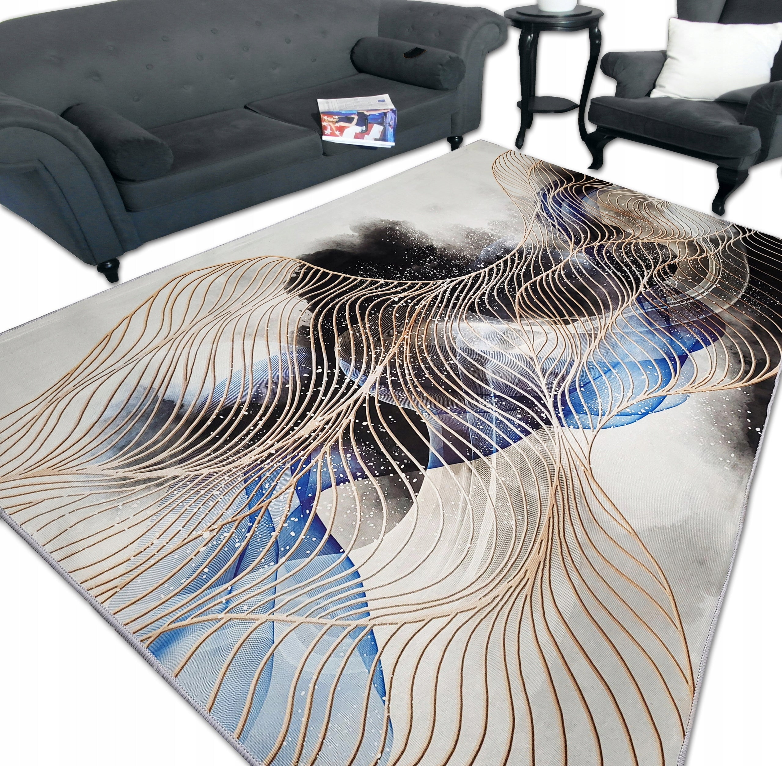 Fashionable Anti-Slip Carpet Fancy 140x200 Mesh Bottom Gld Black Living Room