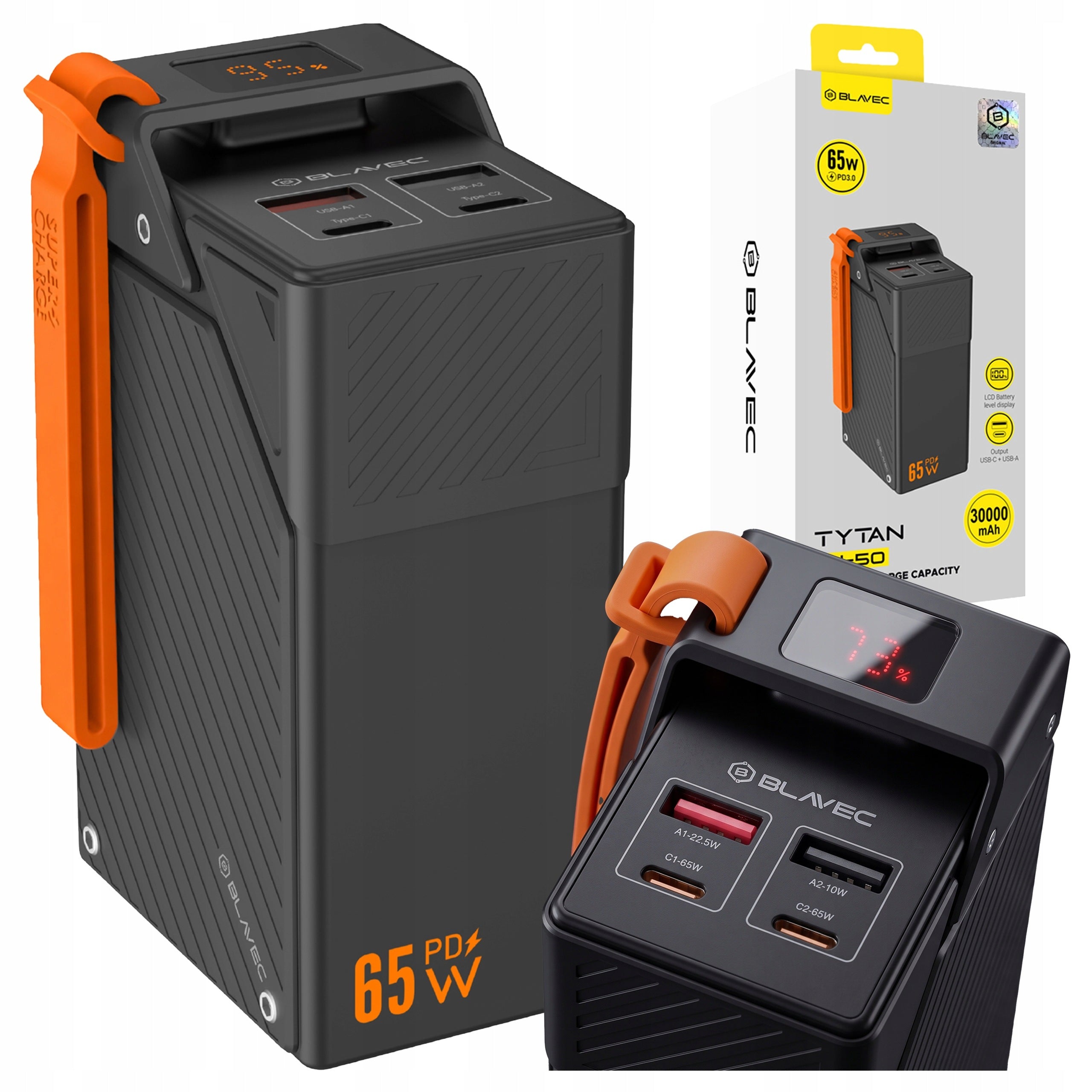 Fast Powerbank 30000 mAh 65W PD 2x USB-C USB-A Travel Power Bank Blavec
