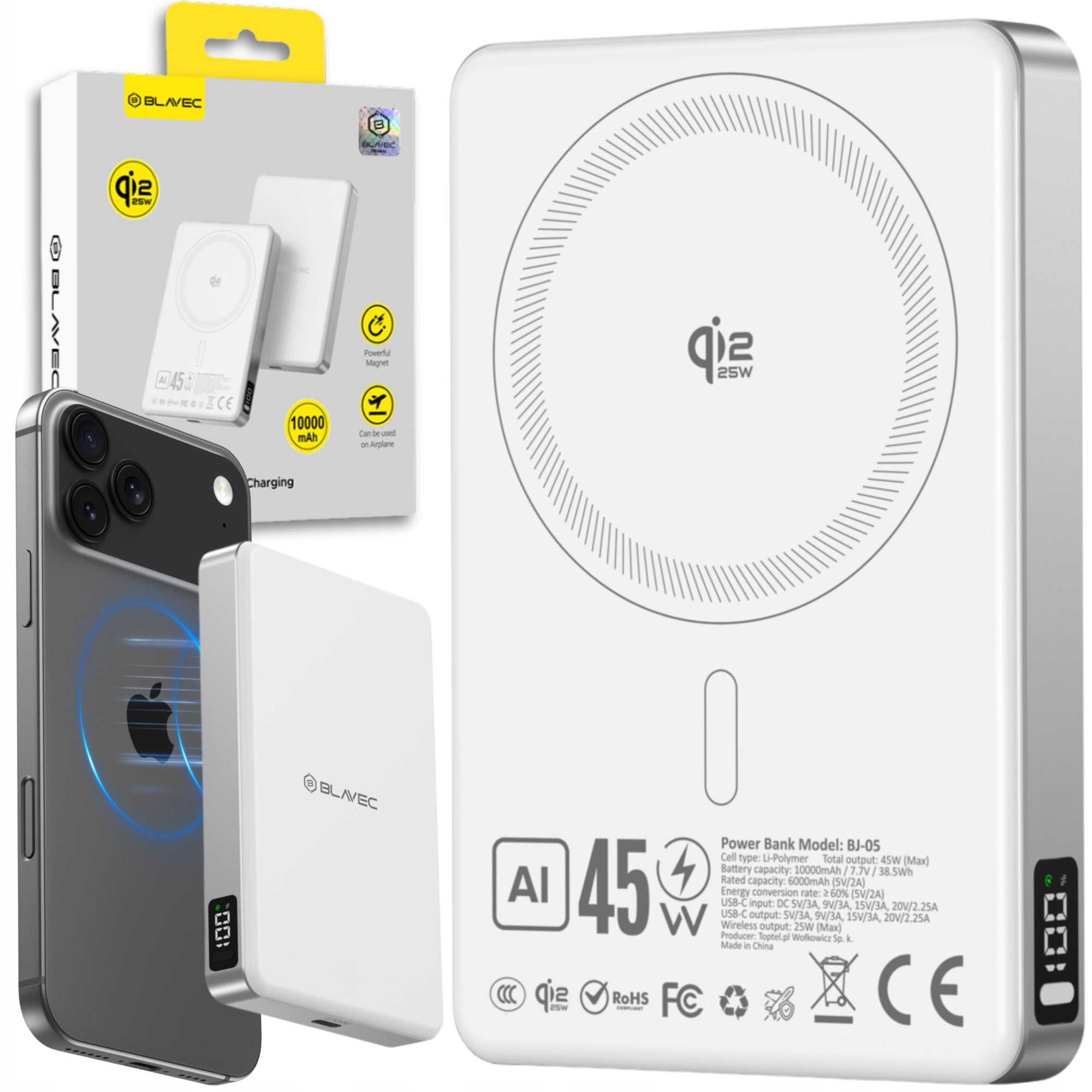 Fast Powerbank Blavec 10000mAh Qi2.2 25W + PD 45W for MagSafe 2in1 white