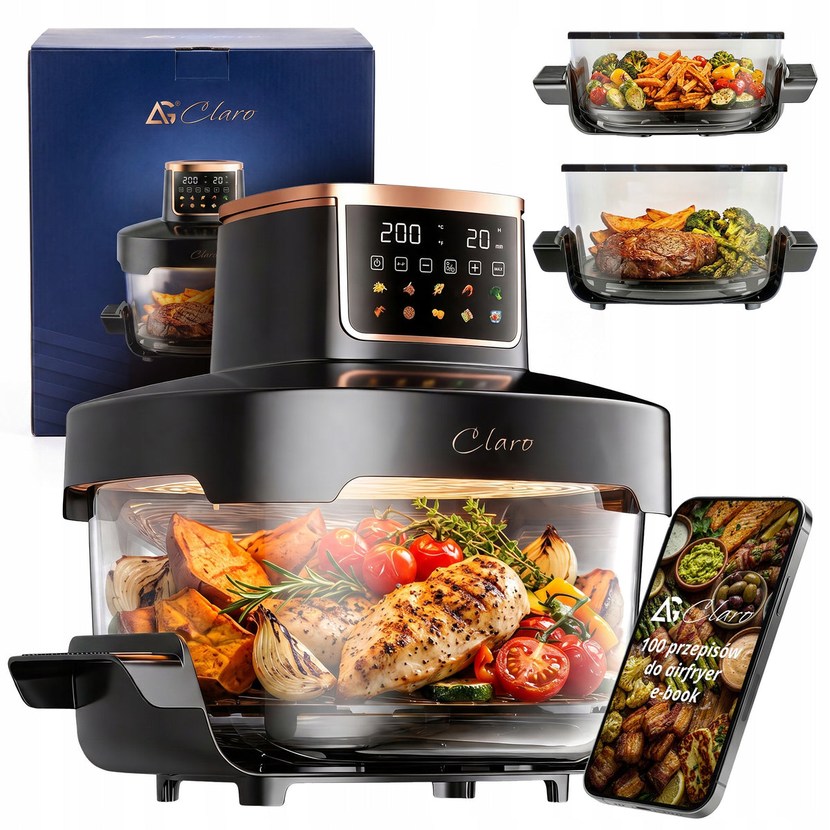 Fat Free Fryer 1800W Air Fryer 12 programs 2 GLASS BOWLS 6L+4L