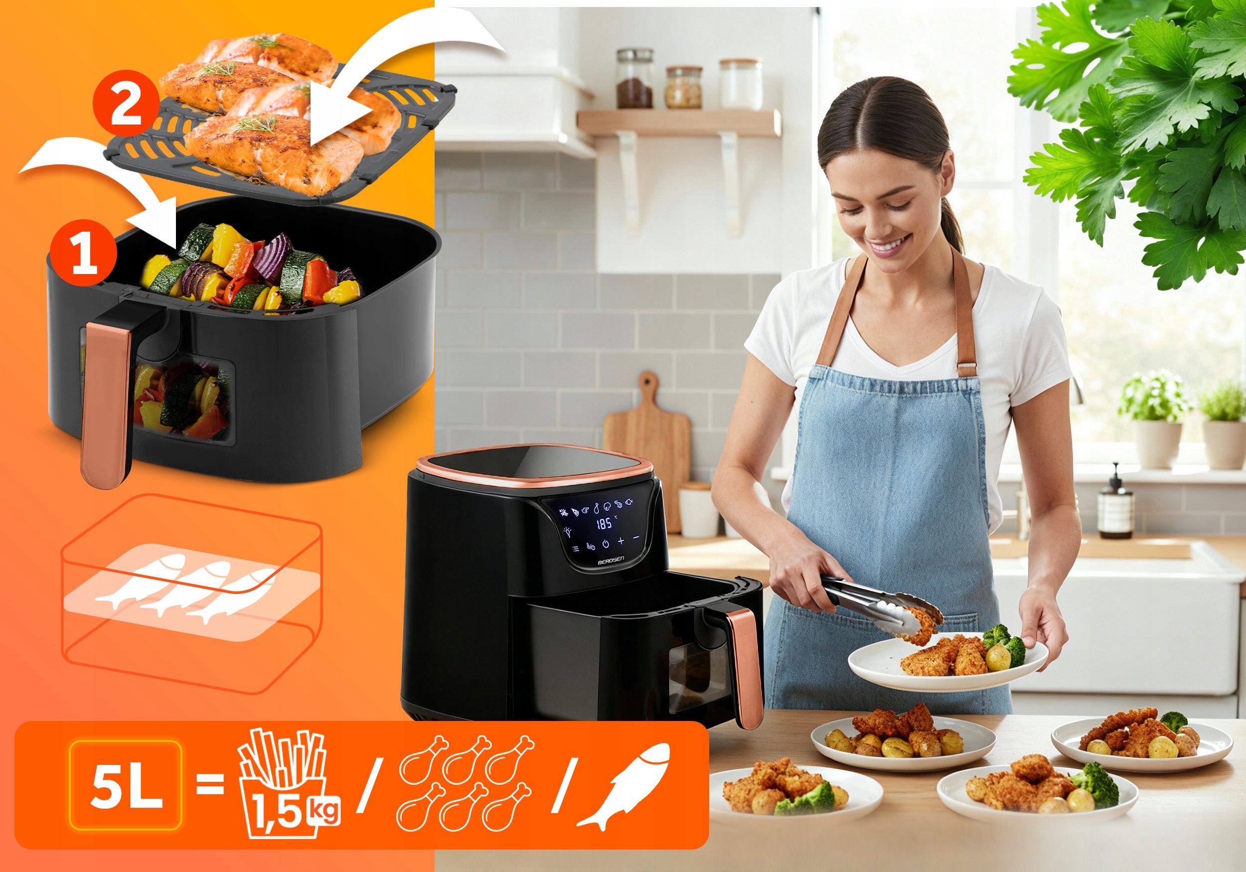 Fat Free Fryer Air Fryer 5L 1500W Berdsen + TRAYS Manufacturer code 365201