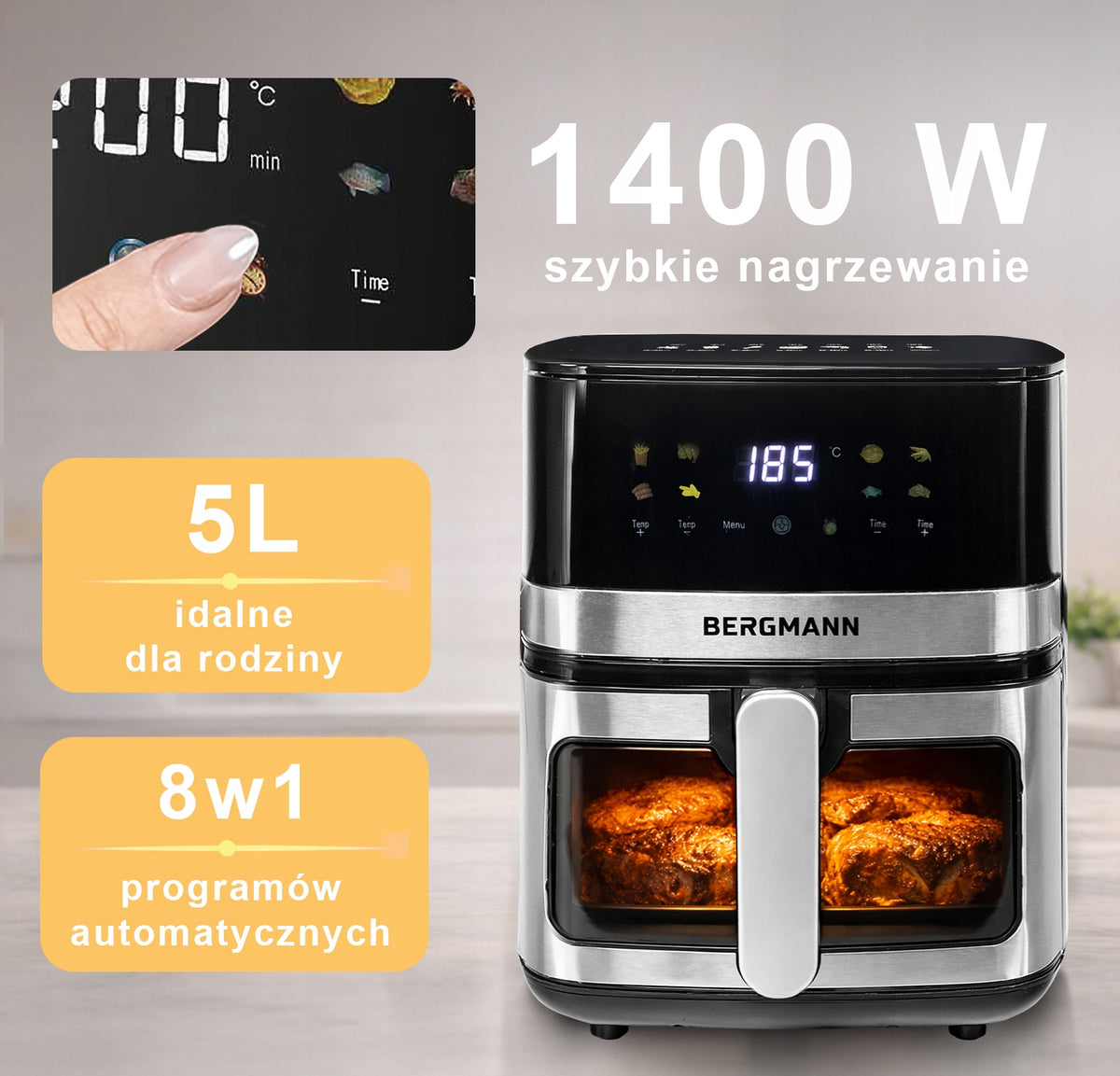 Fat-free air fryer 5L AIR FRYER BERGMANN 1400W 8 PROGRAMS Packaging status original