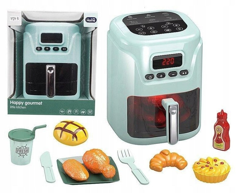 Fat-free, battery-operated air fryer with products